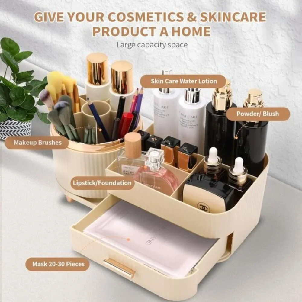 New 360° Rotating Makeup Organizer, Large Rice White Vanity Storage with Drawers